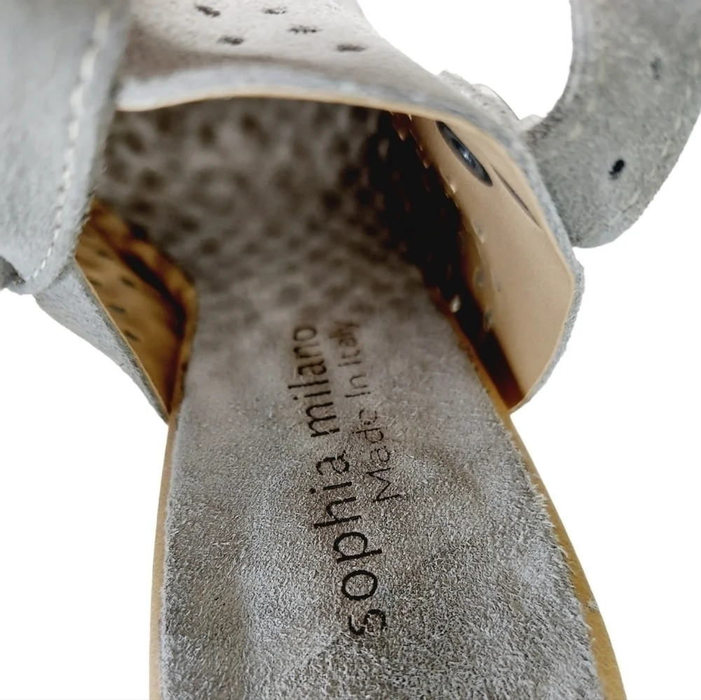 Sophia Milano Perforated Sandals Block Heel Womens Size 7 M Taupe Nubuck Leather